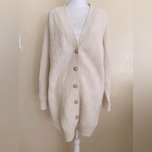 GANNI Wool Blend Rib Knit Ivory Long Cardigan